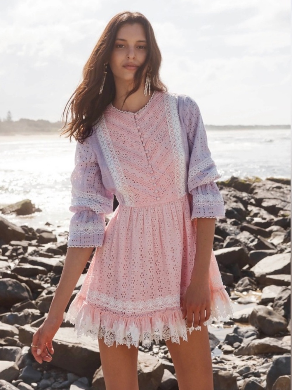 Hemant & Nandita Mara Shirt Mini Dress Patel Pink Purple Eyelet Lace Ruffles M